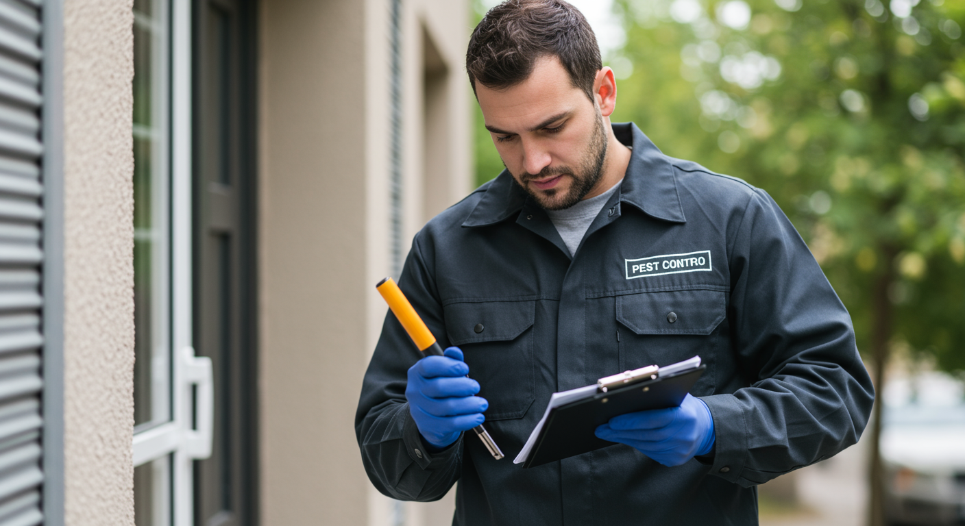 A professional pest control technician in uniform is inspecting a residential property, using tools to assess for pests. The technician is focused and engaged, showcasing expertise.