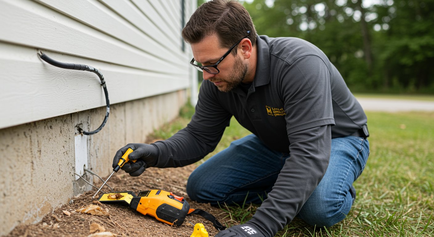 A local termite expert inspecting a home’s foundation, using tools to check for signs of termite damage. The expert is focused and professional, showcasing their expertise.