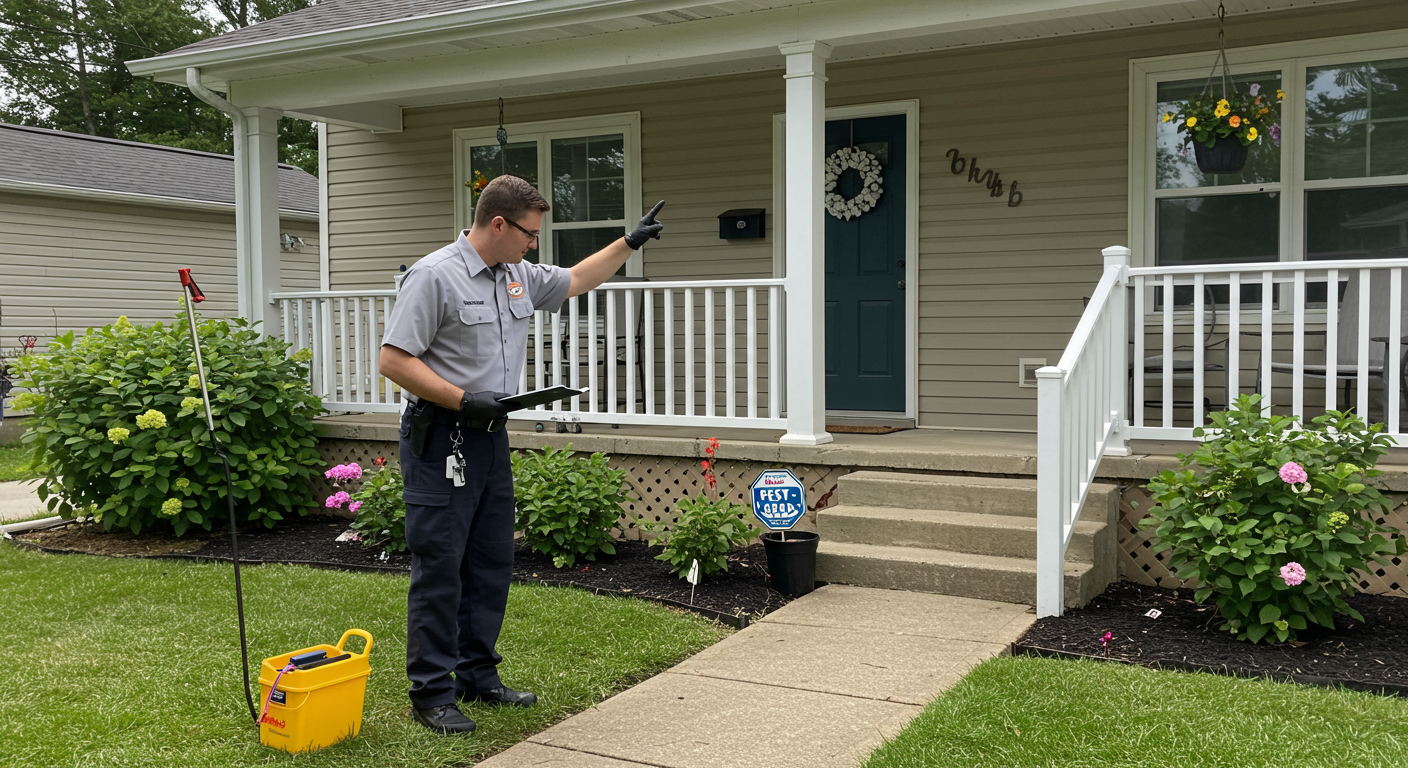 A friendly pest control technician in uniform inspecting a home’s exterior, showcasing professionalism and community involvement.