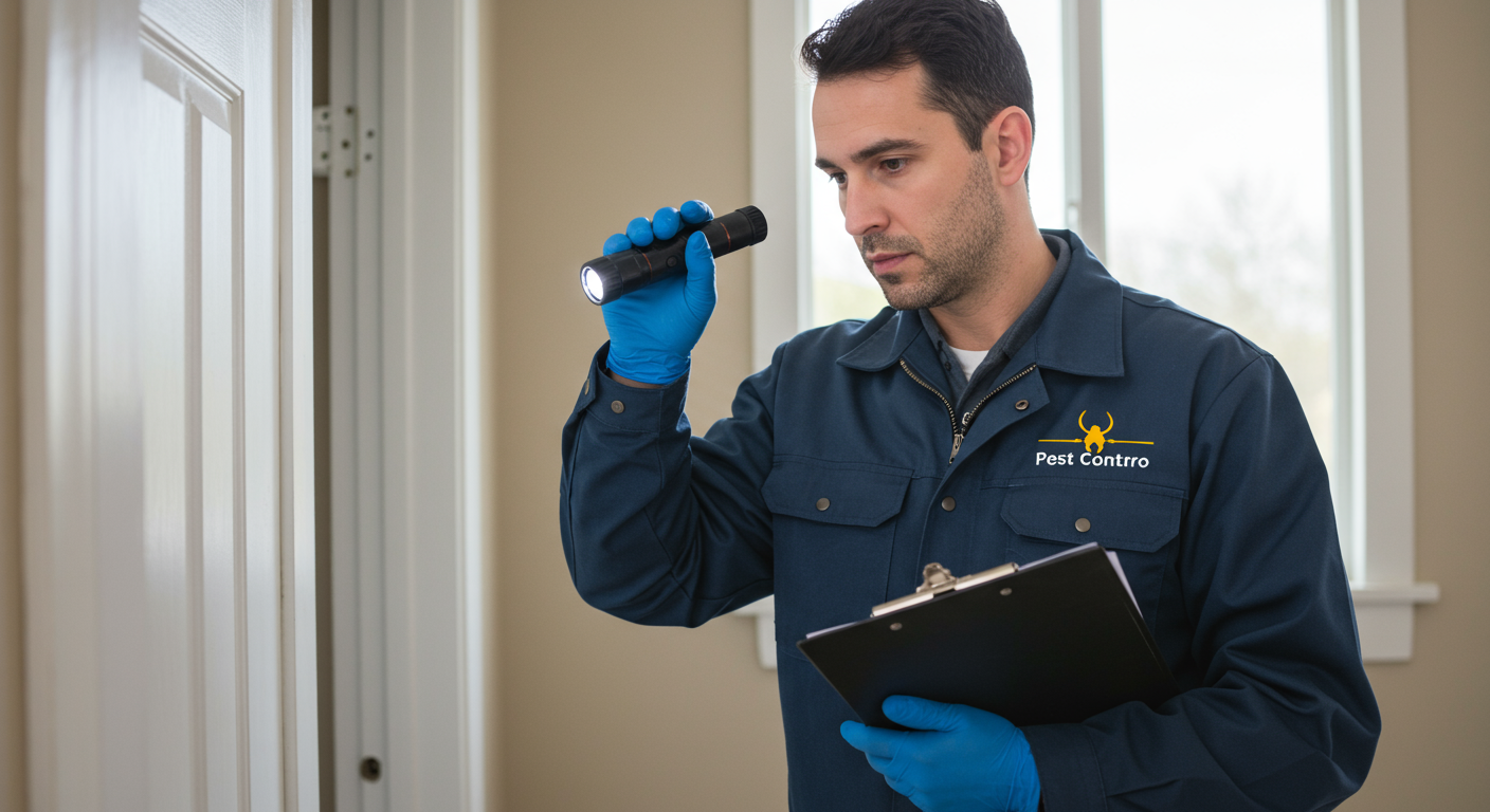 A professional pest control technician in uniform, inspecting a residential property for signs of pests. The technician is using a flashlight and clipboard, looking focused and attentive.