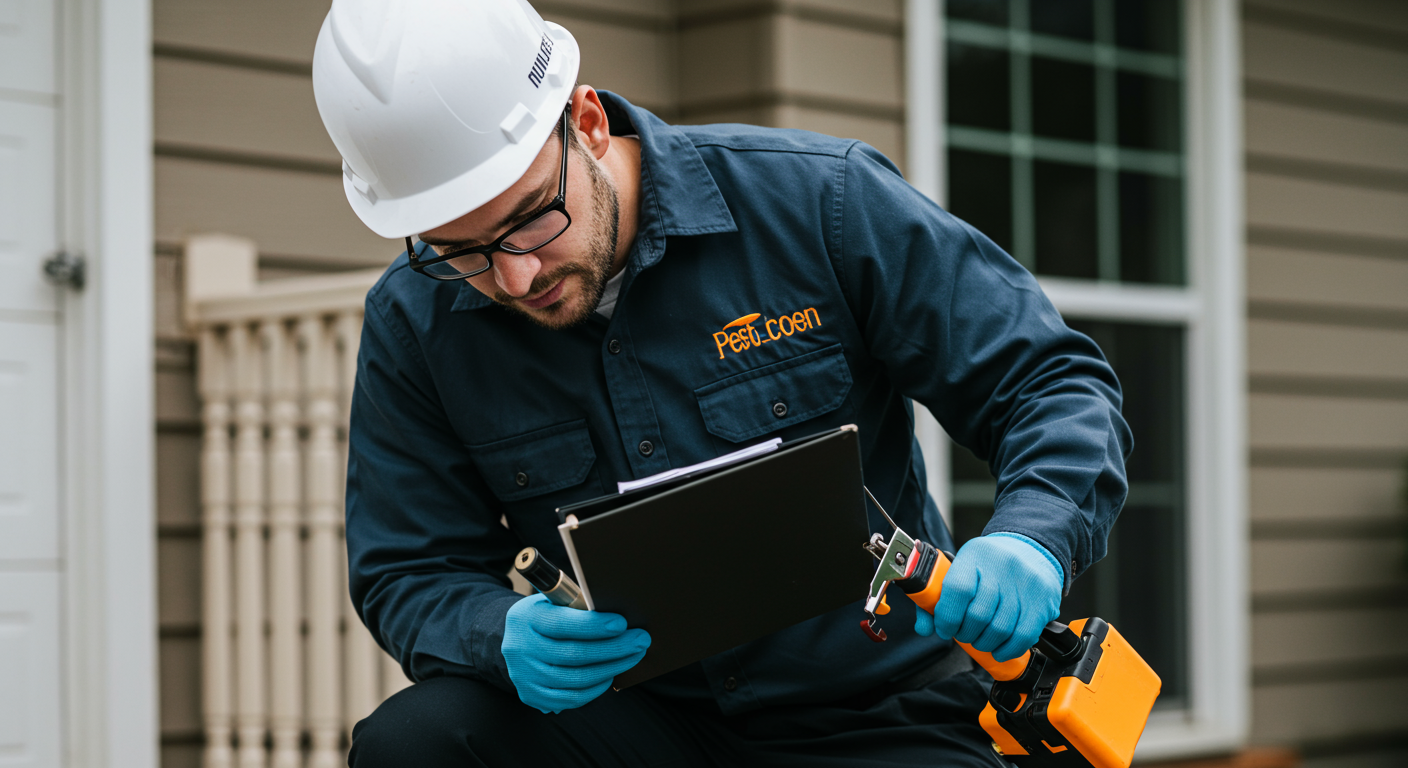 A professional image of a pest control technician inspecting a residential property for common pests like termites and rodents.