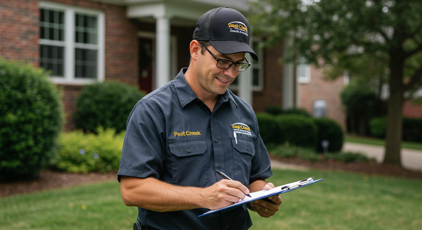 A friendly pest control technician in uniform inspecting a residential property for pests, with a clipboard in hand. The setting includes a well-maintained garden and a suburban home in the background, showcasing a typical Johns Creek neighborhood.