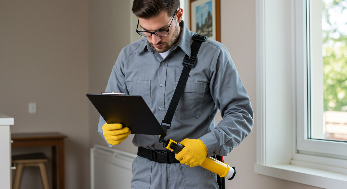 A professional exterminator in a uniform, equipped with pest control tools, inspecting a residential property for pest issues. The focus is on the exterminator's actions, showcasing expertise and professionalism.