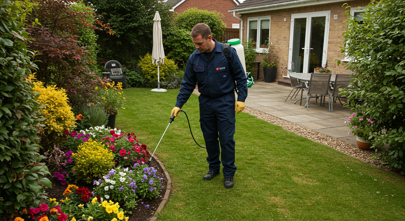 A pest control technician in uniform applying treatment in a residential backyard, showcasing the professionalism and expertise of the service.