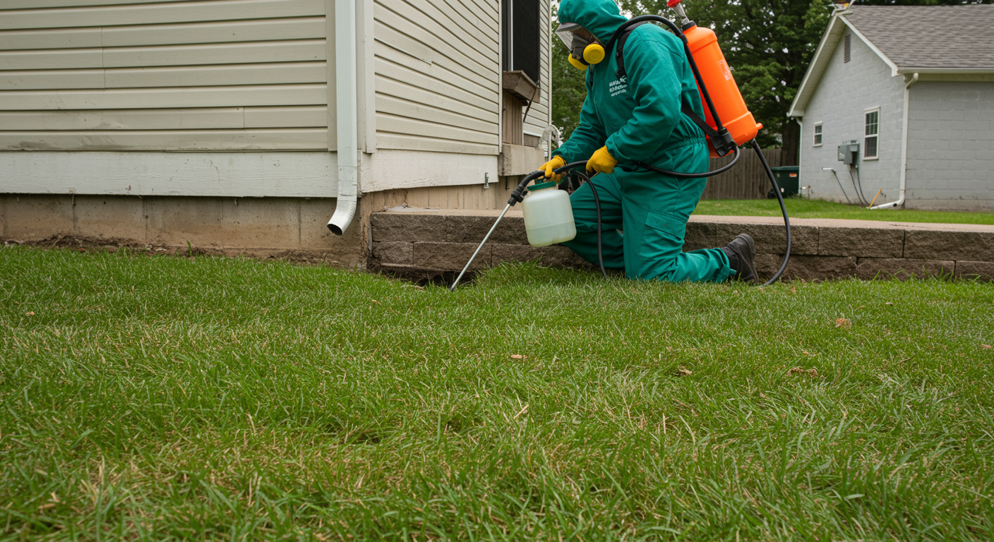 A pest control technician in protective gear applying eco-friendly solutions around a home’s foundation. The image captures the technician's focus and professionalism, reinforcing the message of safety and effectiveness in pest management.