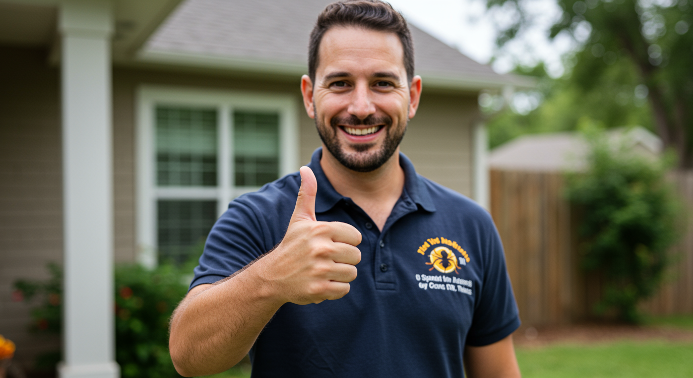 A satisfied customer giving a thumbs up outside their home after receiving pest management services.