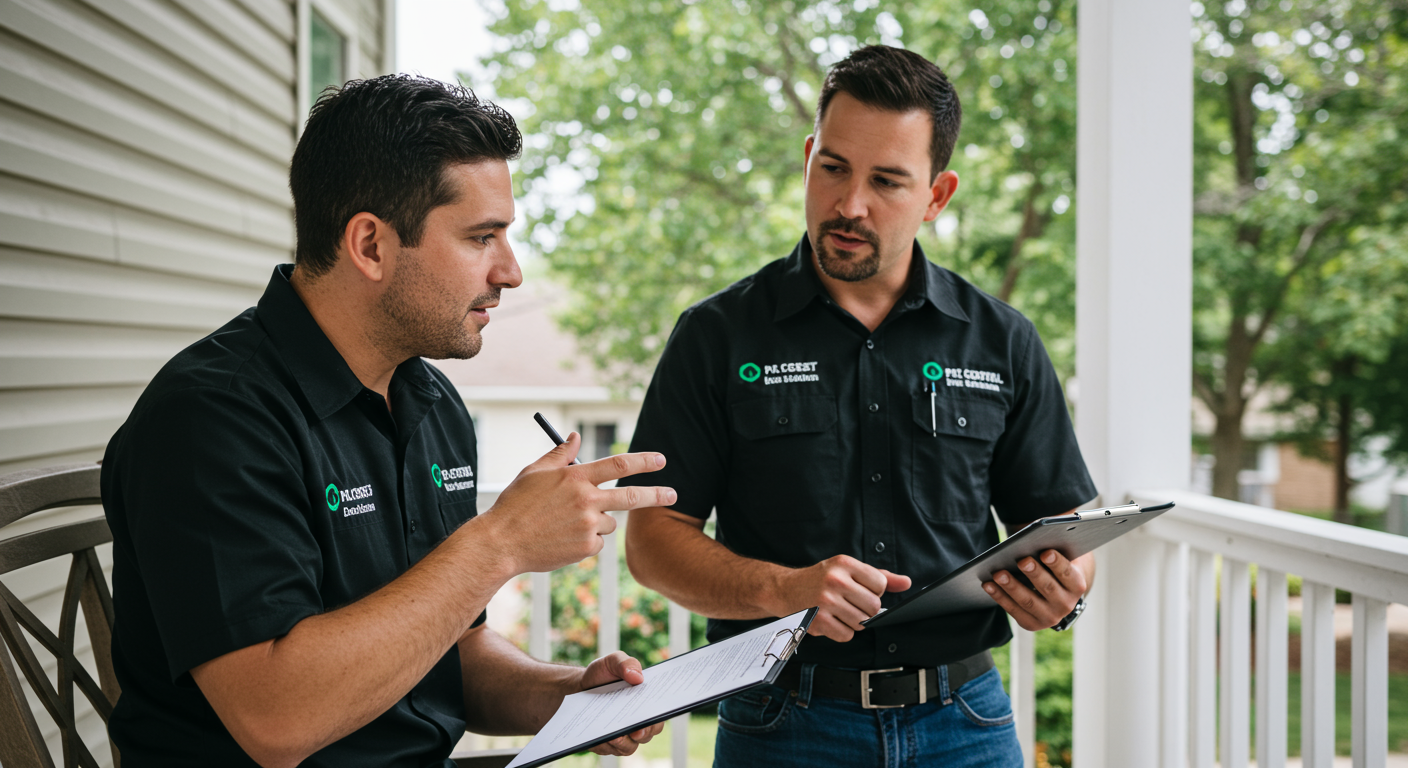 A pest control technician discussing pest management solutions with a homeowner on their porch. The setting is friendly and professional, showcasing the personal touch of the service.