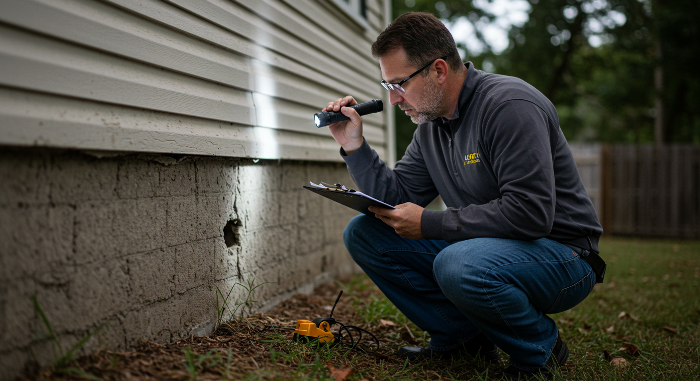 A professional pest control technician inspecting a residential home's foundation for termite damage.