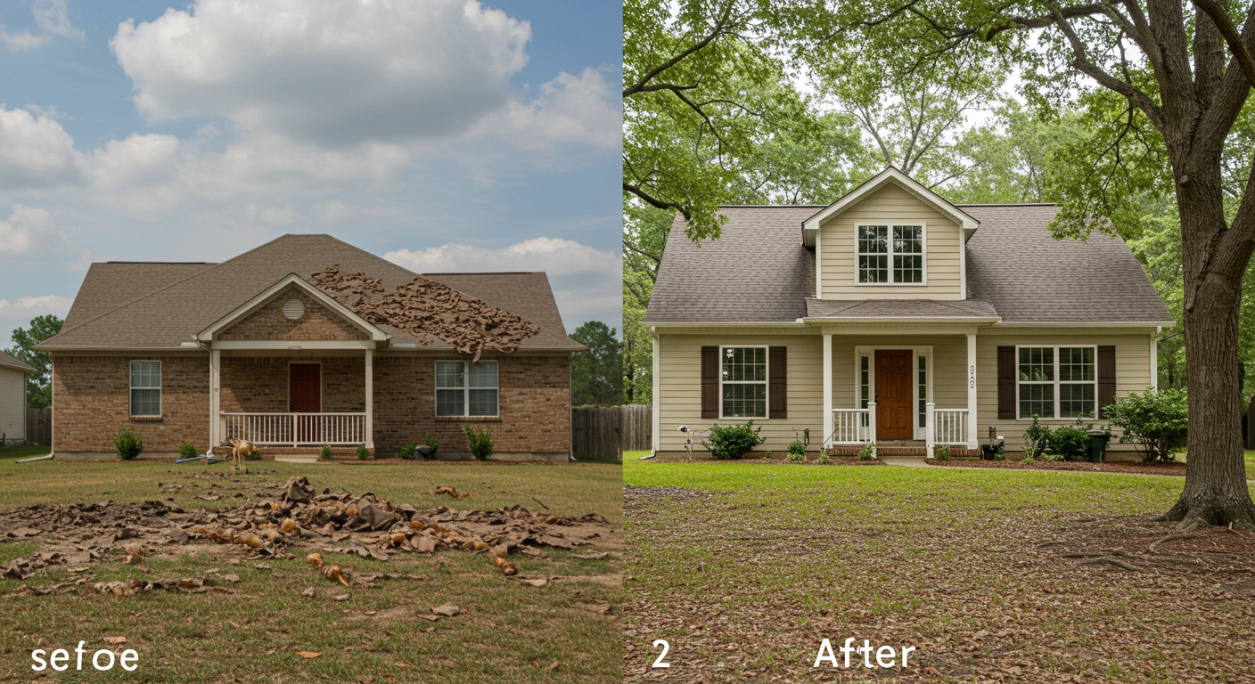 A split image showing a home before and after termite treatment. The left side depicts visible termite damage, while the right side shows a healthy, restored home, emphasizing the effectiveness of professional services.