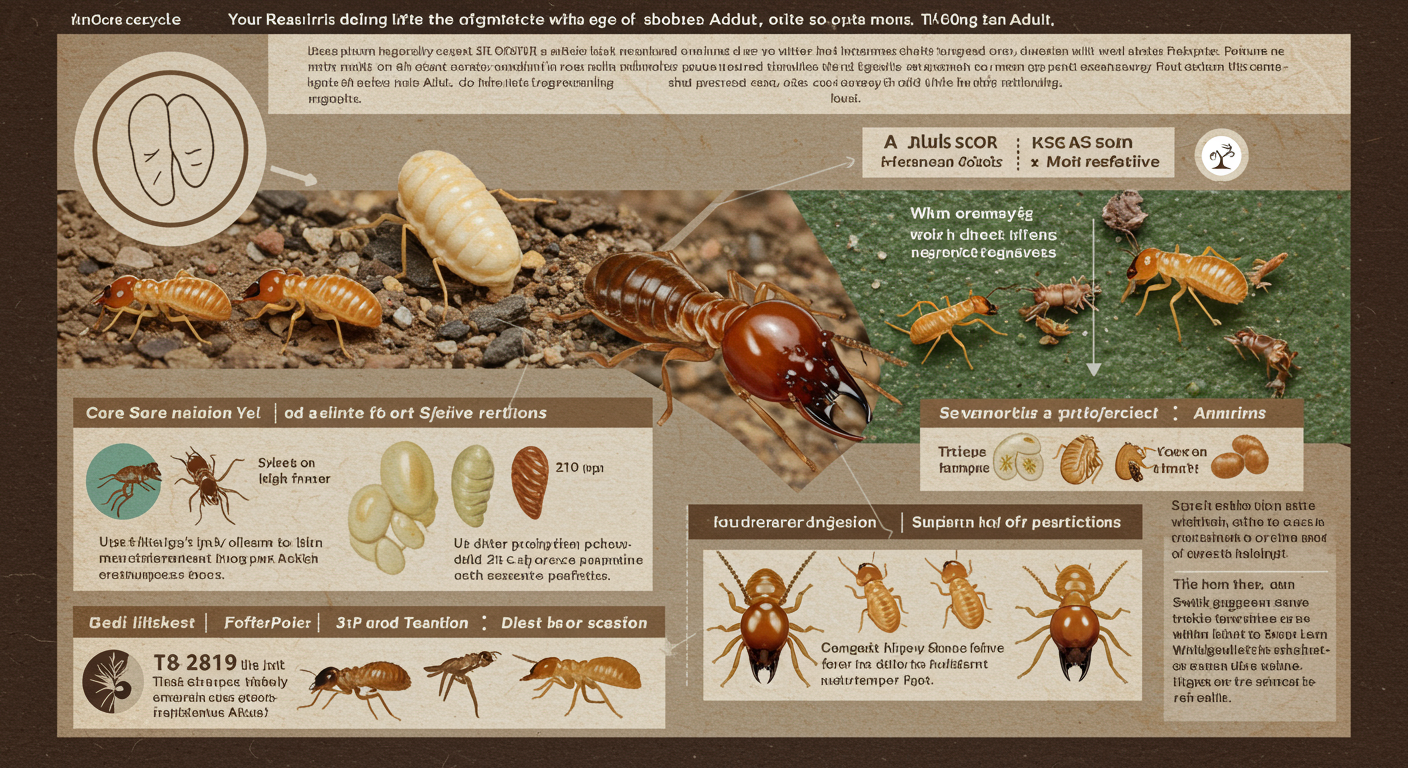 An infographic-style image illustrating the lifecycle of termites, from egg to adult, with seasonal highlights on when treatments are most effective.