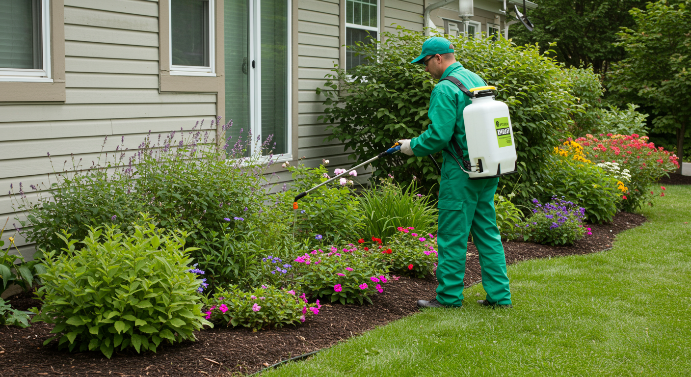 A pest control technician applying eco-friendly treatment around the exterior of a home, showcasing a green landscape with healthy plants and flowers.
