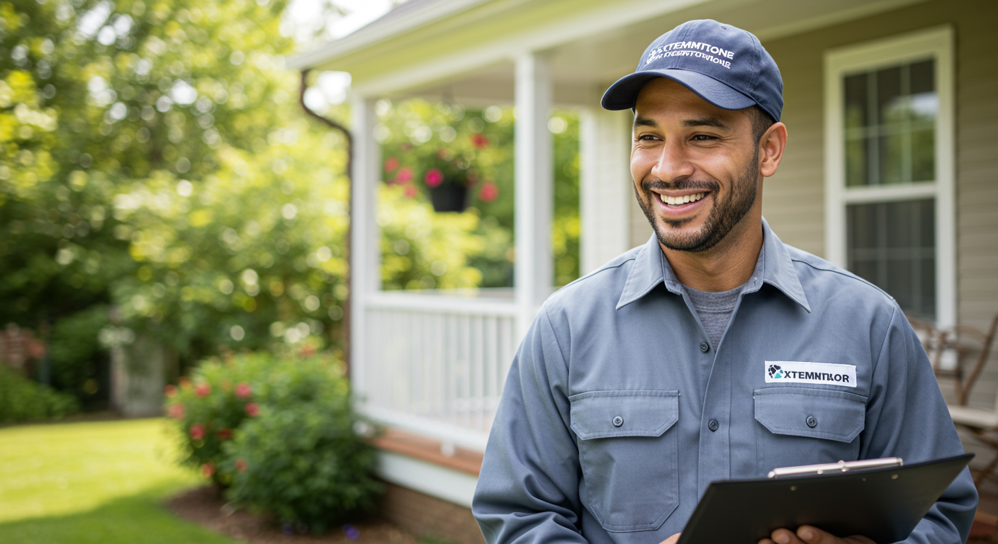 A professional exterminator in uniform, smiling while inspecting a home for pests. The background shows a well-maintained garden and a welcoming front porch, symbolizing a safe home environment.