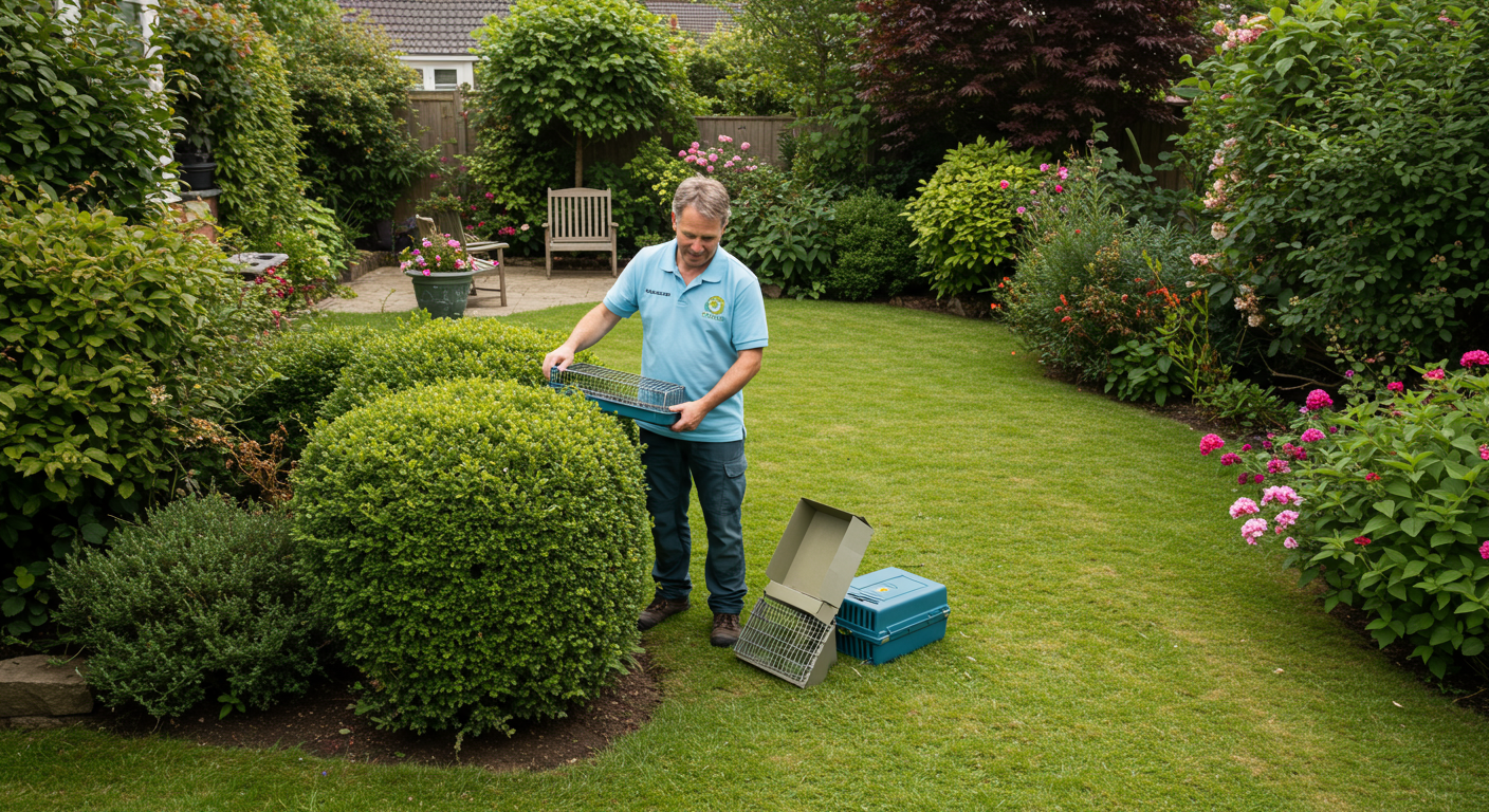 A professional pest control technician gently placing a humane trap in a residential setting, surrounded by greenery and a clean environment.