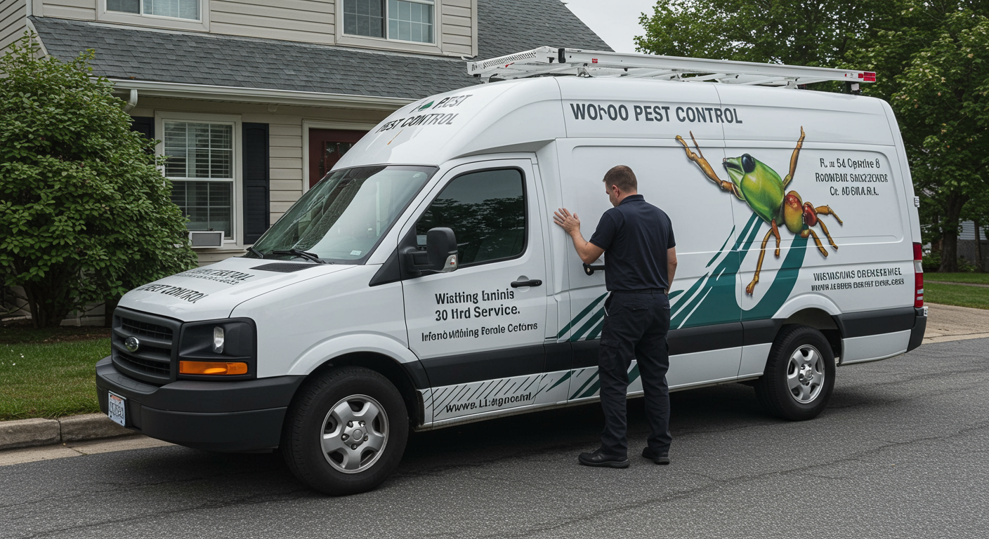 A branded pest control service vehicle parked outside a residential home, with the technician preparing to enter.