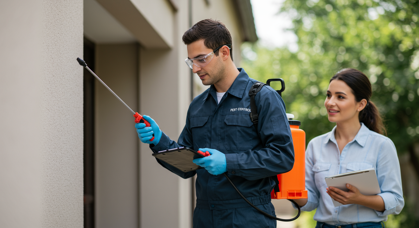 A pest control technician in uniform, inspecting a residential property for pests. The technician is using professional equipment, such as a spray canister or inspection tools, while a satisfied homeowner observes nearby.