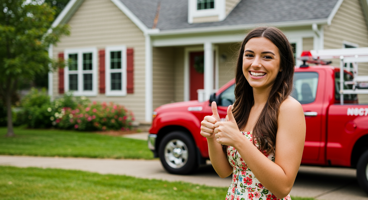 A satisfied customer giving a thumbs up outside their home, with a pest control vehicle parked nearby, showcasing trust and satisfaction.